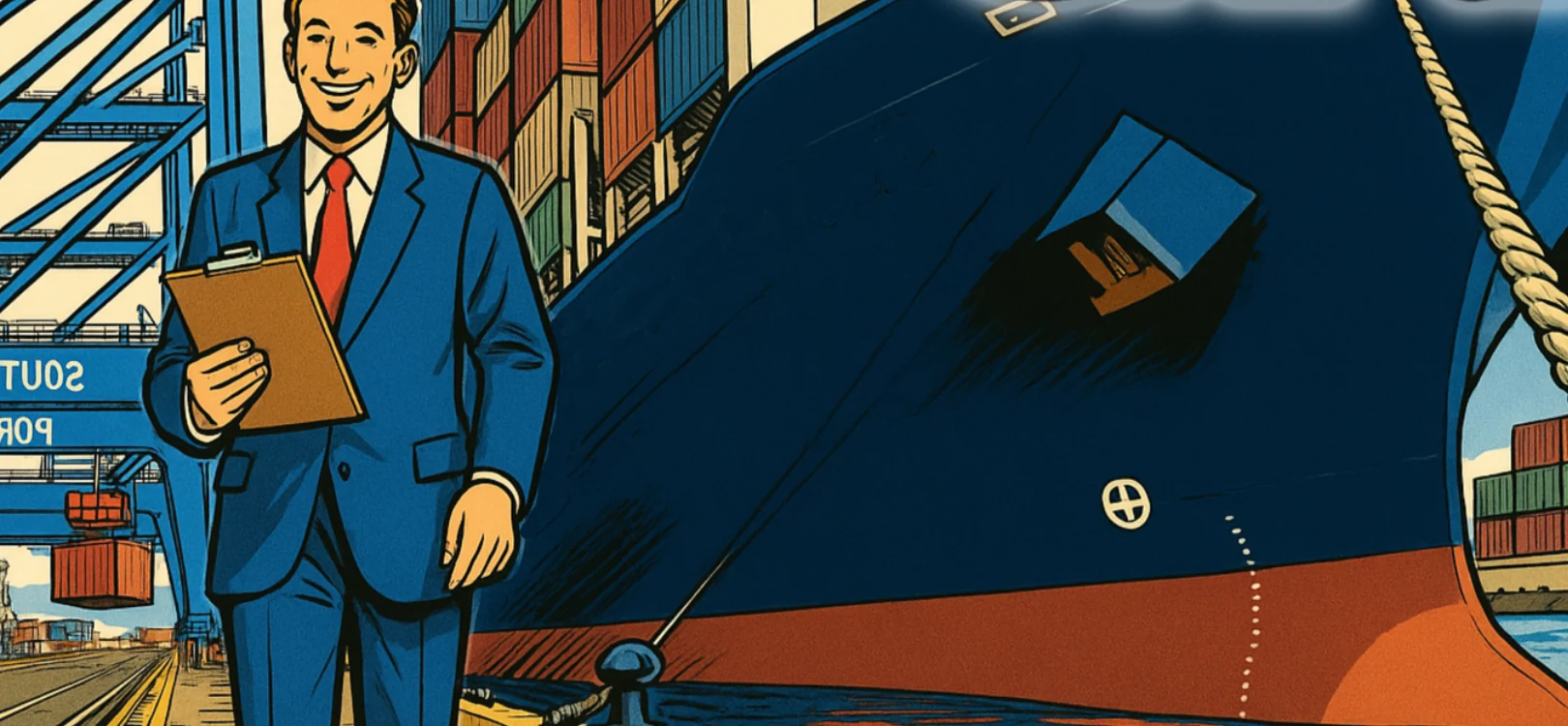 Illustrated cargo ship at a container terminal
